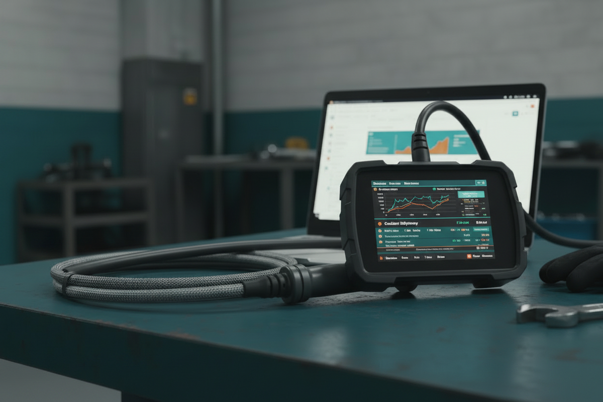 A handheld industrial diagnostic tool with a coiled cable and attached screen, shown on a teal workbench with a laptop in the background.
